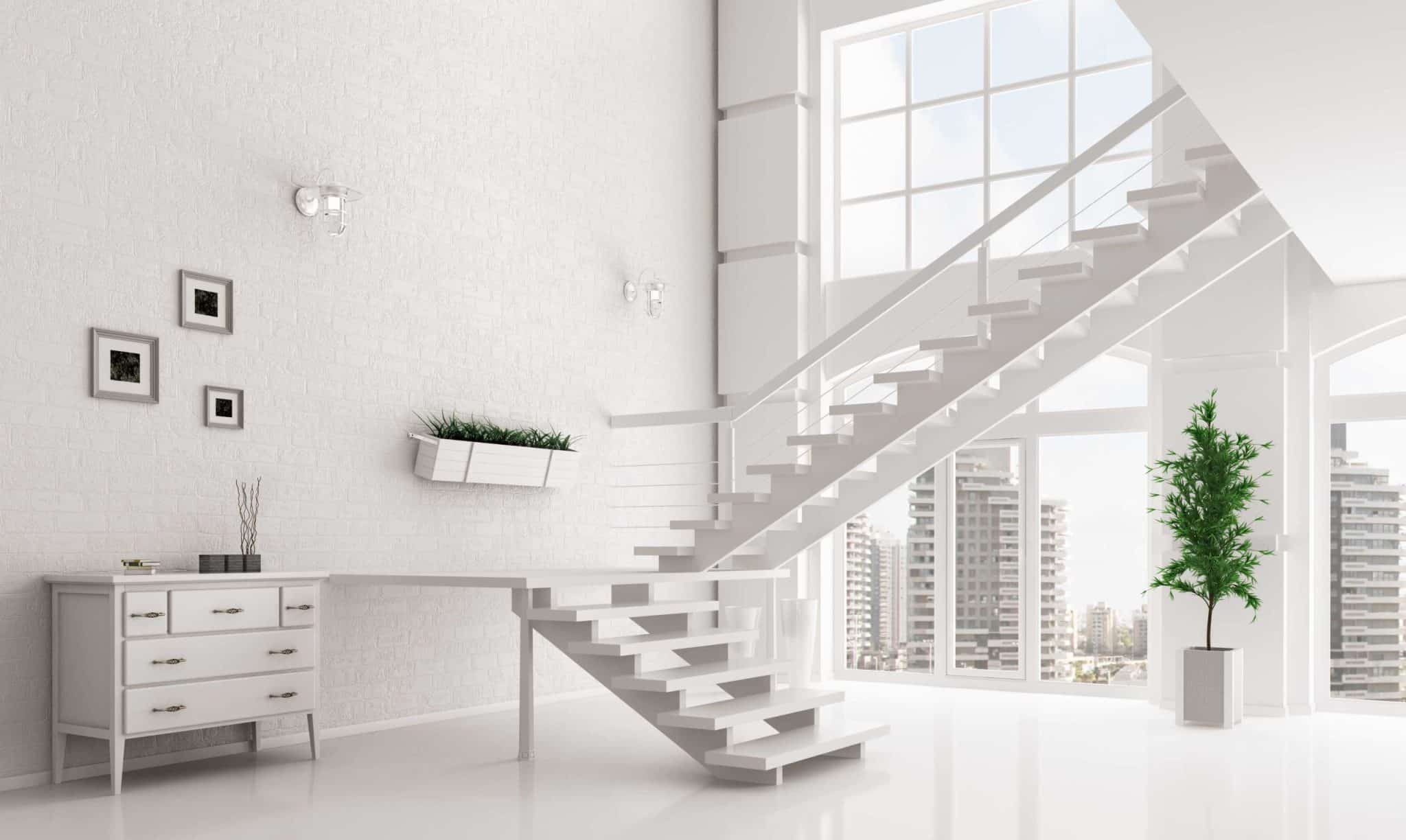 White hall with staircase interior 3d rendering